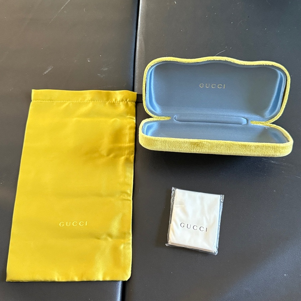 Gucci sunglasses/ eyeglasses case w dust bag and cleaning cloth mustard yellow